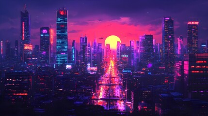 Obraz premium Night scene in a retro-futuristic urban jungle, massive skyscrapers lit up, walls adorned with neon graffiti art, painting the streets in a vibrant 80s glow