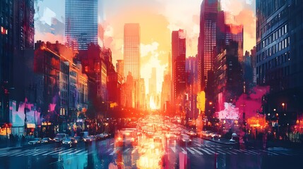Reflective skyscrapers rise under a soft watercolor sunset, vibrant street art splashes across the lower walls, the city brimming with colorful energy and contrast
