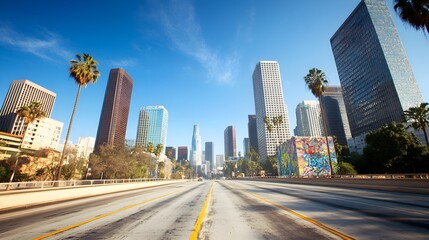 Obraz premium Retro urban scene with art-covered skyscrapers, their foundations adorned with colorful street murals, set against a 1970s cityscape