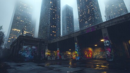 Obraz premium Graffiti murals decorate the foundation of a massive skyscraper, fading into a misty skyline, blending creativity with modern design