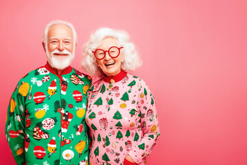 funny elderly joyful couple Perfect for holiday cards, family newsletters, or social media posts showcasing seasonal cheer and togetherness.