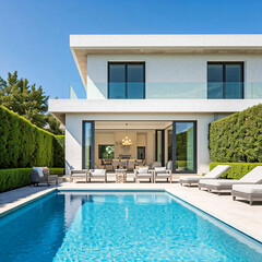 Fototapeta premium Modern white villa with pool under blue sky