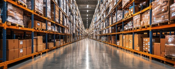 Fototapeta premium Interior view of a modern warehouse with organized shelves and packages.