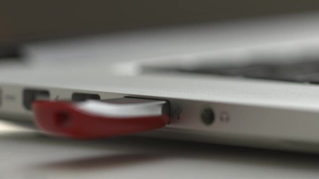 a person plugs a USB flash drive into her laptop and starts typing