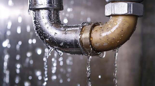 Close-up of a leaking water pipe with water dripping