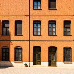 Obraz premium Orange brick building with symmetrical windows and doors
