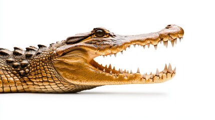 Obraz premium Side view of a crocodile's open mouth, emphasizing the sharpness of its teeth and ruggedness of its skin, isolated cleanly on white
