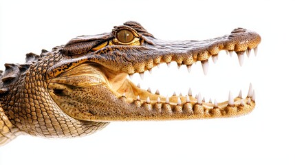 Obraz premium Side view of a crocodile's open mouth, emphasizing the sharpness of its teeth and ruggedness of its skin, isolated cleanly on white