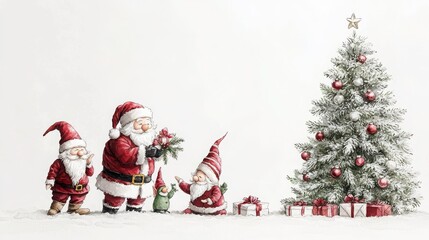 Santa and Gnomes Working Together to Decorate a Christmas Tree