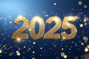 Naklejka premium Elegant 2025 New Year Banner with Gold Numbers and Glitter on Blue Background