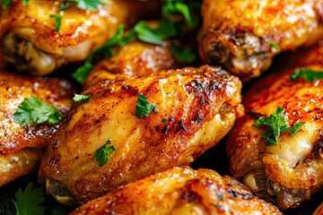 Golden-Brown Fried Chicken Wings with Fresh Parsley for your background bussines, poster, wallpaper, banner, greeting cards, and advertising for business entities or brands
