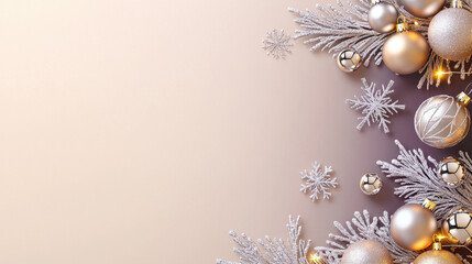 Elegant Christmas decorations featuring silver ornaments and frosted pine branches set against a soft pastel background