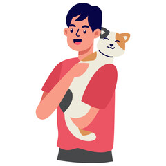 People Character with Cute Cat. Isolated Cartoon Vector Illustration.