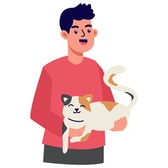People Character with Cute Cat. Isolated Cartoon Vector Illustration.