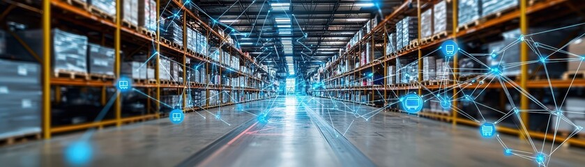 Obraz premium Modern warehouse interior with shelves filled with goods and a glowing network of connections.