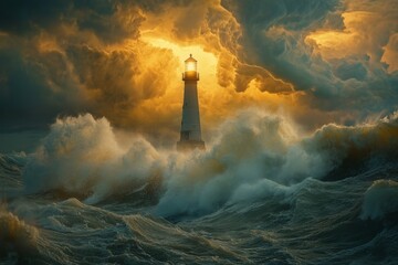 A lone lighthouse stands strong against a stormy sea, its beacon shining through the clouds.