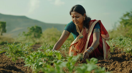 indian woman farmer working in agricultural field 
