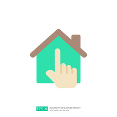 A stylized graphic of a house with a hand pointing at it, symbolizing home interaction or selection.