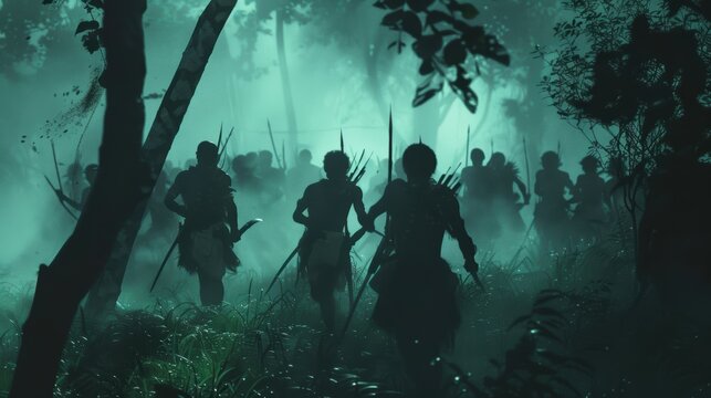 Tribesmen with Spears in a Dark Forest Scene