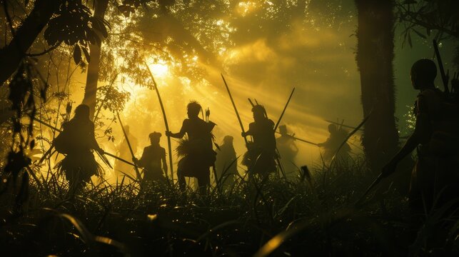 Tribesmen Hunting with Spears in Lush Forest Environment