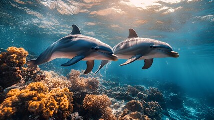 Obraz premium Underwater view of dolphins swimming gracefully, weaving through coral reefs in pristine blue waters, reflecting their agility and joy in natural habitat