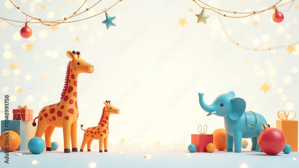 Poster a giraffe and an elephant are standing in front of a christmas tree