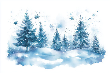 Obraz premium Winter Forest Scene with Snow and Stars, Watercolor Vector Illustration on White Background