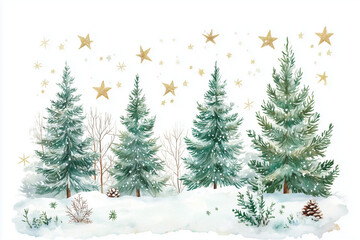 Obraz premium Winter Forest Scene with Snow and Stars, Watercolor Vector Illustration on White Background