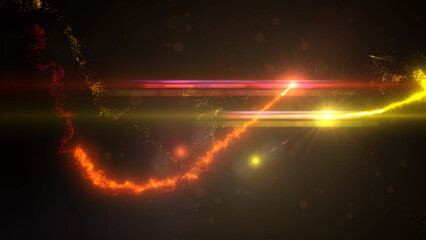 Yellow and Orange Wavy Light Lines Crossing Turbulence Particles and Lens Flares, Widescreen 4K Resolution