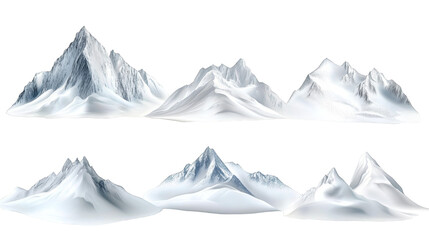 A collection of snow-capped mountain peaks displayed in various formations against a black background, showcasing their natural beauty and diverse shapes.