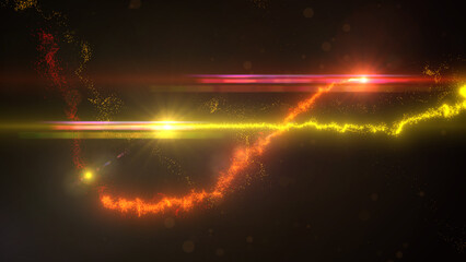 Yellow and Orange Wavy Light Lines Crossing Turbulence Particles and Lens Flares, Widescreen 4K Resolution