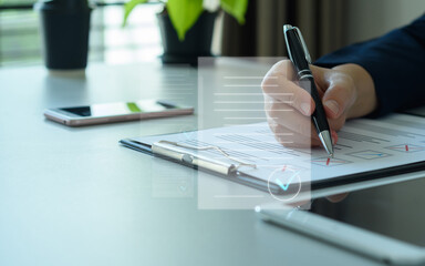 Online verification concept. Businessperson's hand pen complete checklist for document approval,...