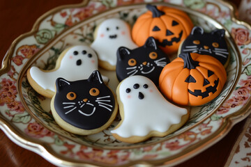 Obraz premium Halloween Cookies Decorated with Pumpkins, Ghosts, and Black Cats on Plate