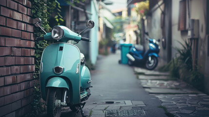 A blue scooter is parked on the side of a brick wall