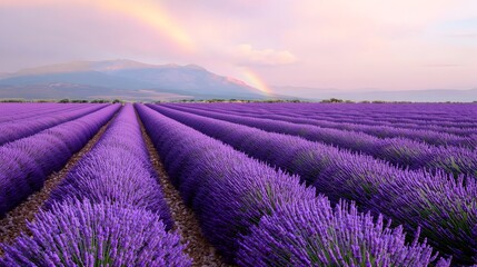 Obraz premium Stunning Violet Lavender Fields with a Vibrant Rainbow Arch in the Distance