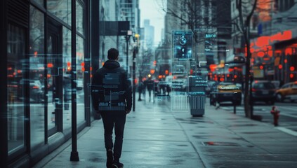 Obraz premium A lone man walks down a city street, the urban landscape blurred and indistinct, suggesting a sense of anonymity and isolation.