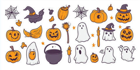 Cute Halloween Icons Sticker Sheet, Vector Style with Pumpkins, Witches' Hats, Brooms, Cats, Ghosts, and More