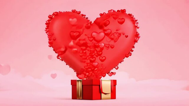 4K animation captures red art symbols love fly out beautifully wrapped gift box tied ribbon Set pink background looped stopmotion perfect Valentine&rsquo;s Day greetings valentine nubes white greeting