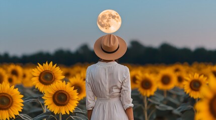 Fototapeta premium Luminous Moonlit Sunflower Field Peaceful Nighttime Landscape