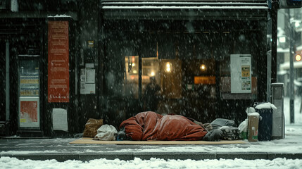 depiction of homelessness in Japan with person lying on street during snowfall
