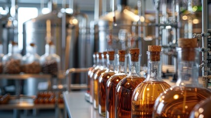 A row of bottles with cork stoppers are lined up on a counter