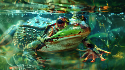 A frog is swimming in a pond