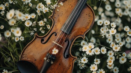 A violin is sitting in a field of flowers