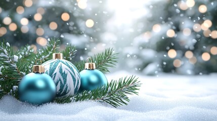 Festive sparkle, red and silver christmas ornaments adorn snowkissed fir branches