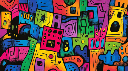 Colorful abstract artwork featuring geometric shapes and vibrant patterns in a playful design