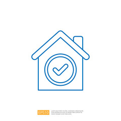A simple blue outline of a house with a checkmark inside a circle, symbolizing approval or verification related to housing or real estate.
