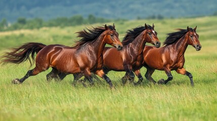 Obraz premium Wild Horses Galloping Across a Green Meadow