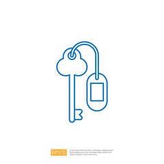 A simple blue outline of a key with a tag attached, symbolizing security and access.