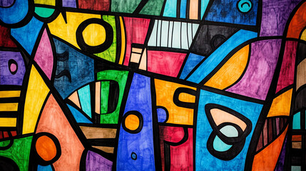 Obraz premium Vibrant abstract mural depicting colorful geometric shapes and patterns in an urban setting