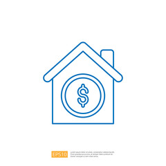 The image depicts a simple line drawing of a house with a dollar sign inside, symbolizing real estate or financial investment.